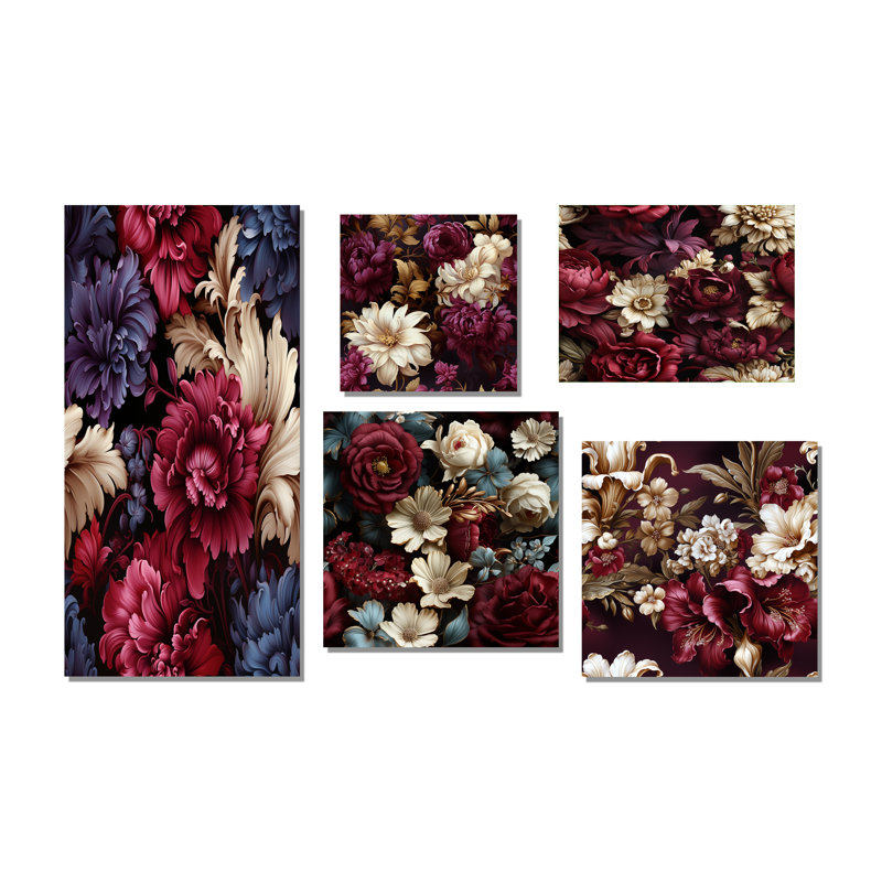Victorian Renaissance Revival Victorian Pattern - Floral Reproduction d'art sur toile, ensemble de 5, Toile tendue