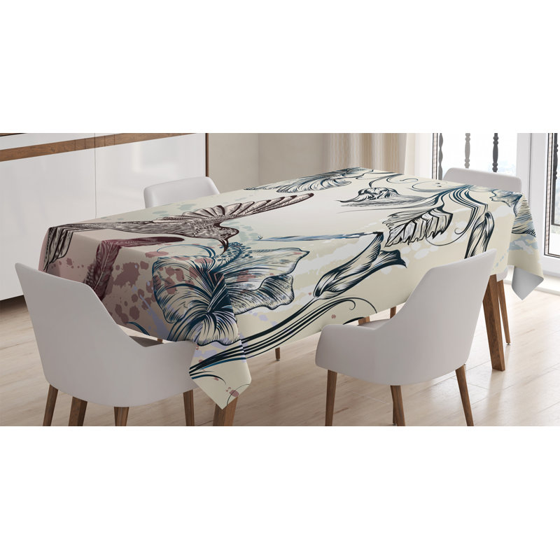 Hummingbird Tablecloth, Floral Art In Vintage Style With Hummingbird Hibiscus Flowers And Feathers, Rectangular Table Cover For Dining Room Kitchen Decor, 52" X 70", Teal Brown