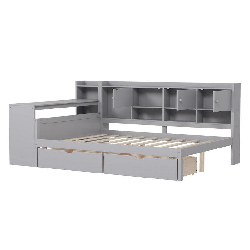 Lit de jour en L pleine grandeur en bois avec rangement (3 armoires + 2 tiroirs) - Bureau d'étude et bibliothèque intégrés, multifonctionnel pour la chambre à coucher / chambre d'amis