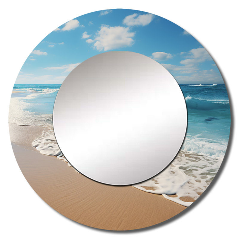«Scenic Landscape Coastal Serenity VI - Miroir mural décoratif océan, miroir rond turquoise, impression sur métal