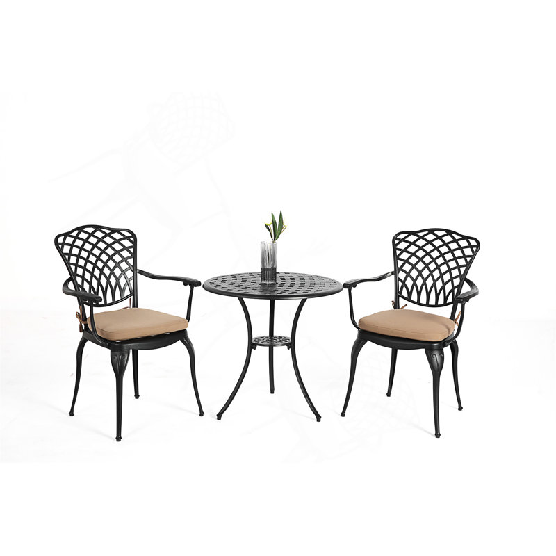 Ensemble de patio d'extérieur 3 pièces en fonte d'aluminium avec coussin et accoudoirs, Noir / brun