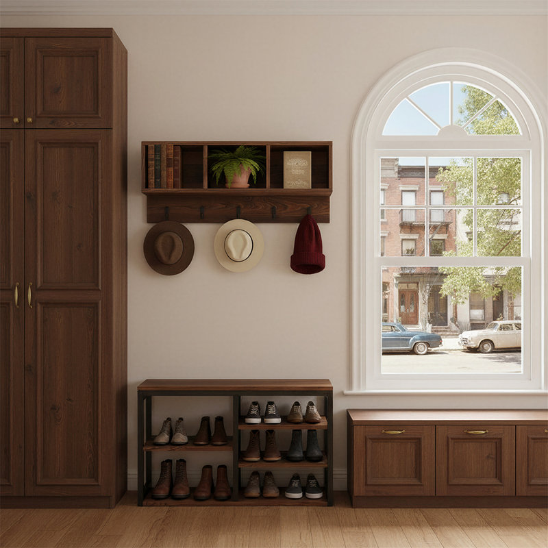 Arbre d'entrée avec banc et rangement pour chaussures, 5 crochets, tabouret multicouche et range-chaussures