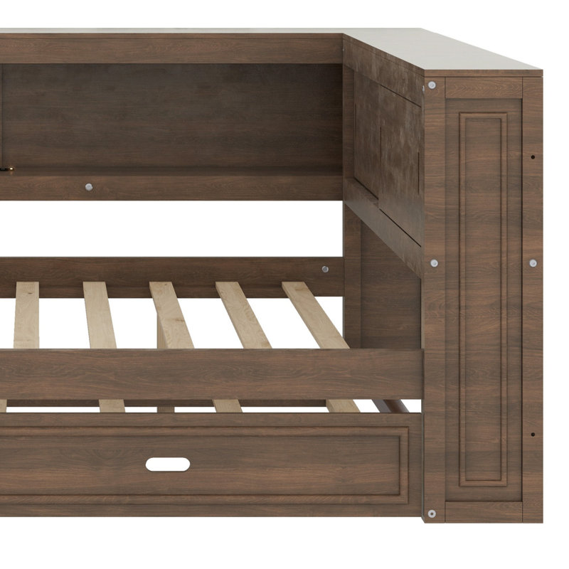 Lit de jour avec tablettes de rangement, USB, DEL et lit gigogne, Antique Wood