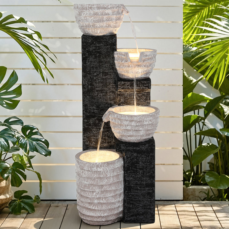 39.8" Multilayer Sand-Textured Water Fountain with LED Lights, Polyresin Cascading Waterfall Decor, Weather-Resistant Outdoor Feature for Garden or Patio