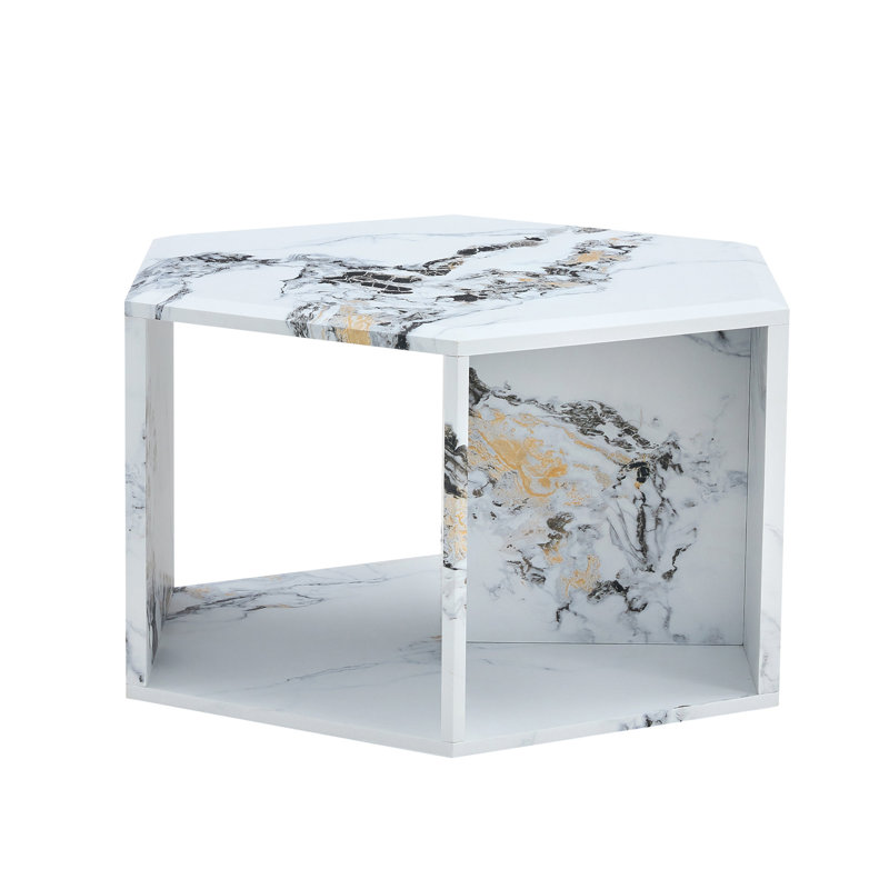 Hexagonal MDF Coffee Table, White Marbl Pattern Stickers, Multi-Hole Design To Give More Storage Space, Simple And Convenient Design Makes It Suitable For All Kinds Of Style Scenes.