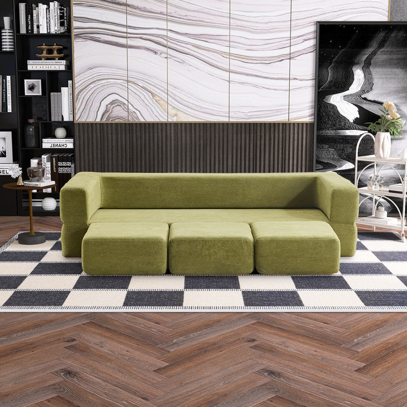 Canapé-lit modulaire Boneless avec 3 repose-pieds, Chenille verte