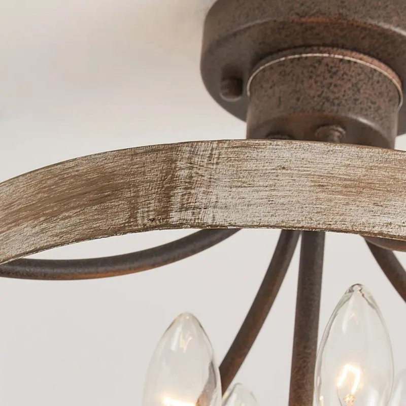 4-Light Brown And Vintage Wood Semi-Flush Mount Ceiling Light 15.4 In. W X D 14.6 H Farmhouse Mid-Century Modern Iron Dimmable