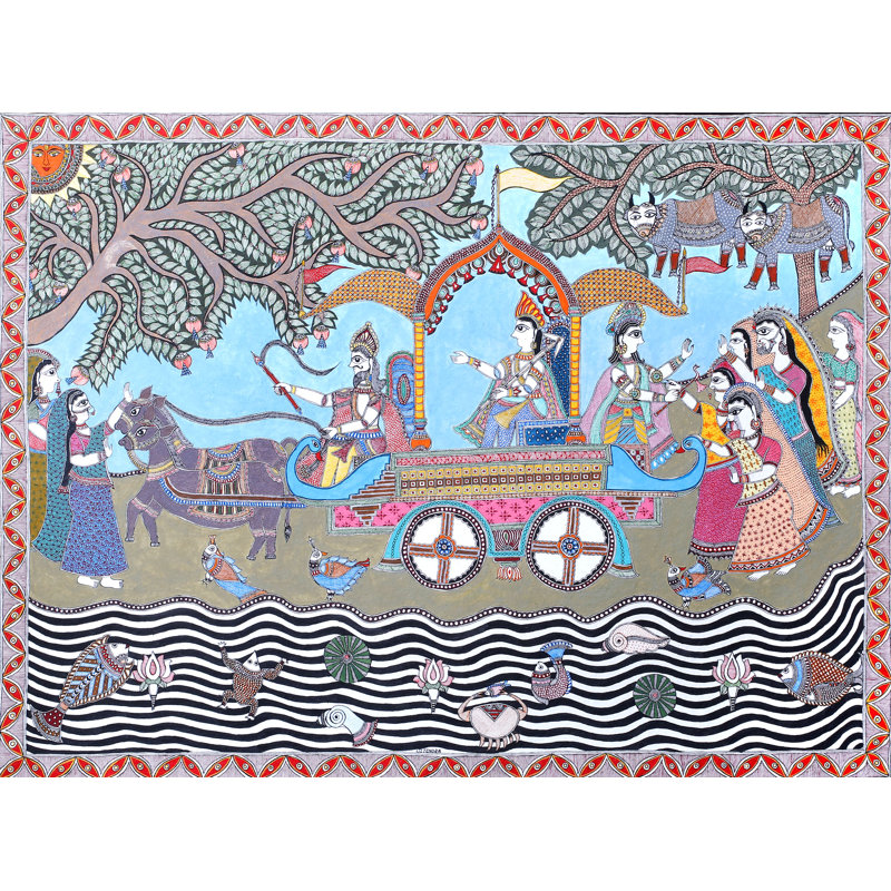 Krishna et Balarama partent pour Mathura avec Akrura | Madhubani, peinture sur papier faite à la main