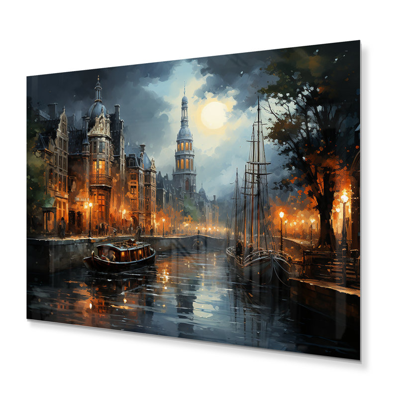 Danemark, Amsterdam, canal, nuit I - impression sur métal, H 24 po x l 32 po x P 1 po