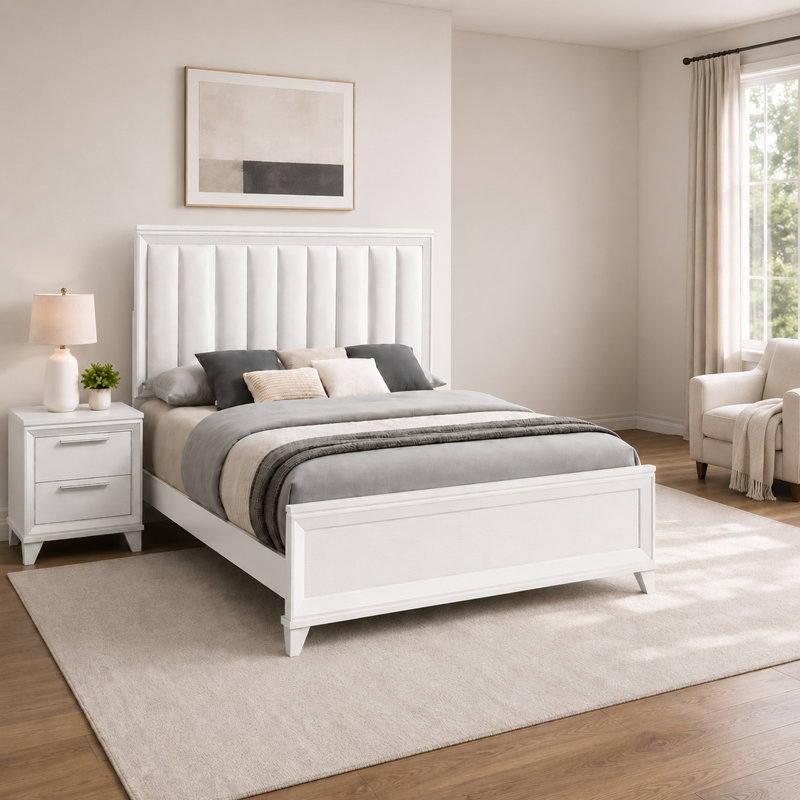 Ensemble de chambre pour très grand lit, blanc, bois argenté, ensemble 2 pièces avec table de chevet