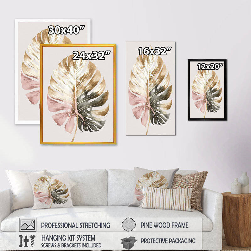 Feuille de philodendron doré et blanc II - reproduction sur toile, H 32 po x l 24 po x P 1 po, Toile tendue