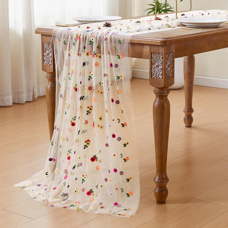 Chemin de table brodé à motif floral marguerite - champagne / or - décoration saisonnière, fête de mariage, fête de mariage