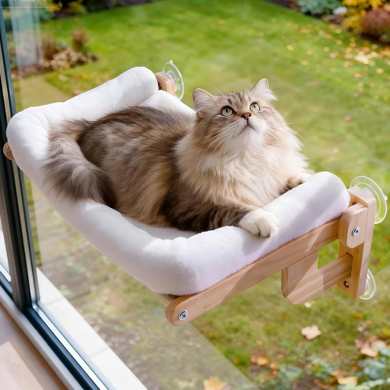 Perchoir de fenêtre pliable pour chat, lit pour chat doux avec structure en bois, L 26 po | Bois massif, ventouse robuste, grand hamac pour chat d'intérieur