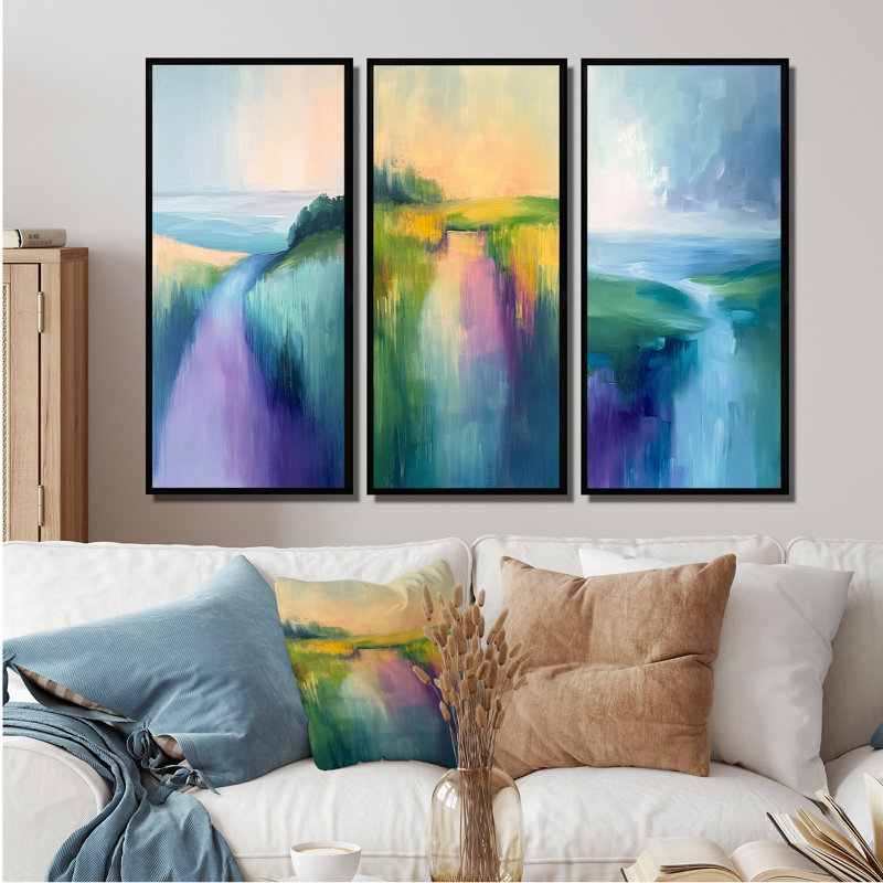 «Blue and Purple Dreamy Landscape Meadow I», collection de 3 grands panneaux modernes sur toile, H 28 po x l 36 po, Noir