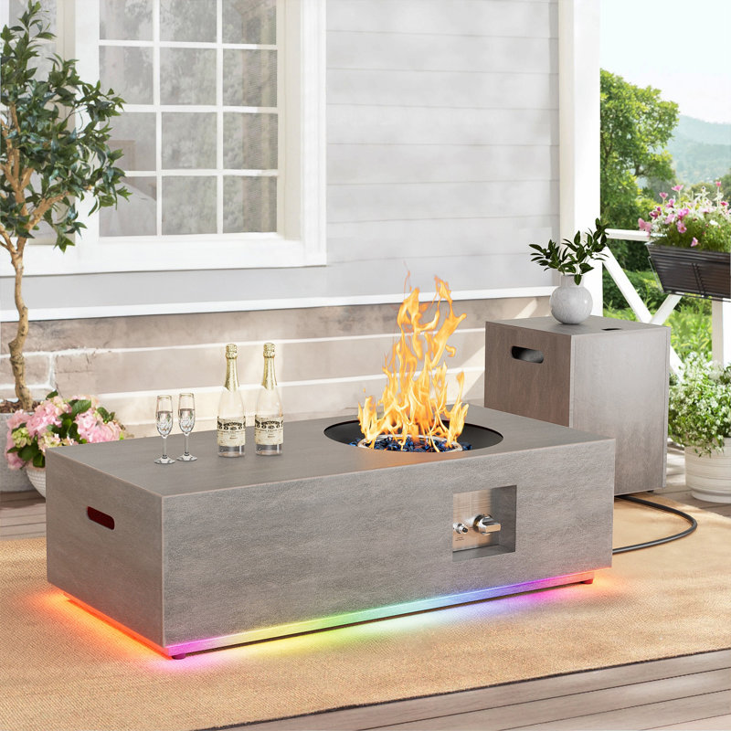 12.6’’ H X 48’’ W Metal Propane Outdoor Gas Fire Pit Table With Colorful Rgb Light, Light Brown