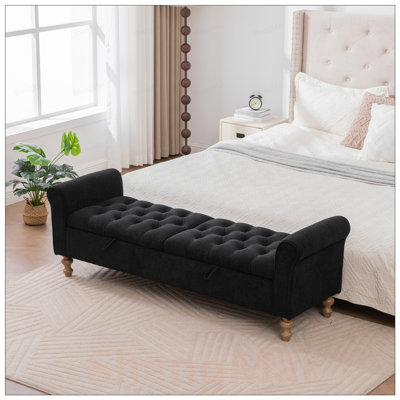 Modern Upholstered Storage Bench with Double Lids, Napped Fabric Foot Stool with Rolled Armrest, Ideal for Living Room and Bedroom
