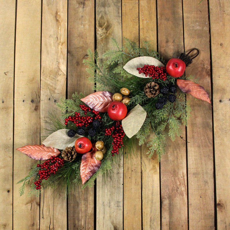 30" Burlap & Berry Pine Cone Autumn Teardrop Swag - Unlit