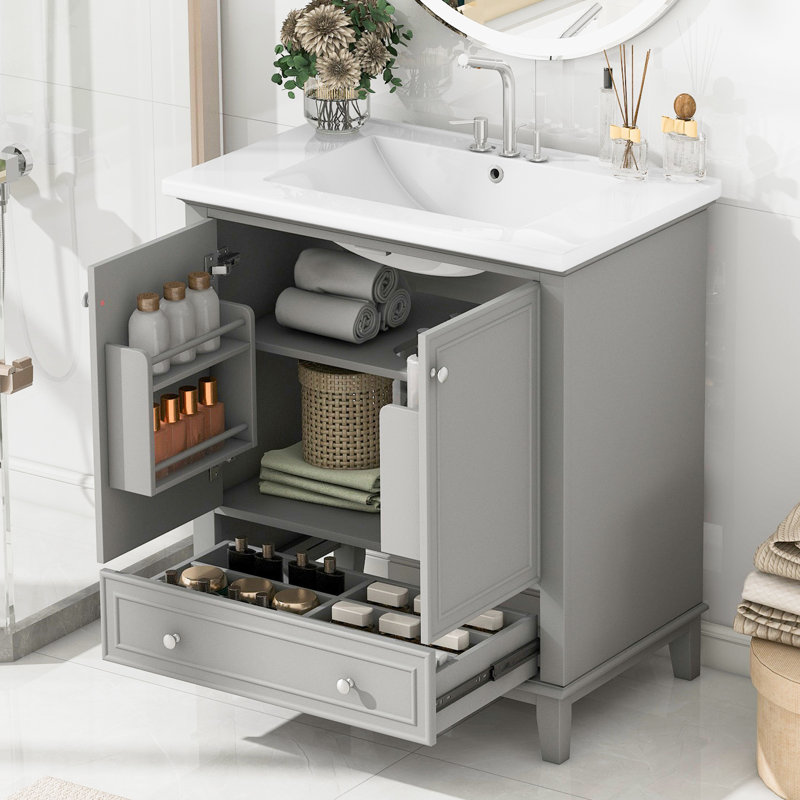 Meuble-lavabo moderne gris en bois massif avec tiroir fonctionnel 30 po