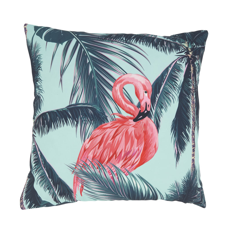 Tropical Flamingo and Palm Tree Polyester Outdoor Pillow, 18" x 18", Blue