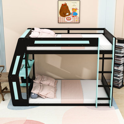 Full over Full Gaming Bunk Bed with Integrated Desk and Shelves