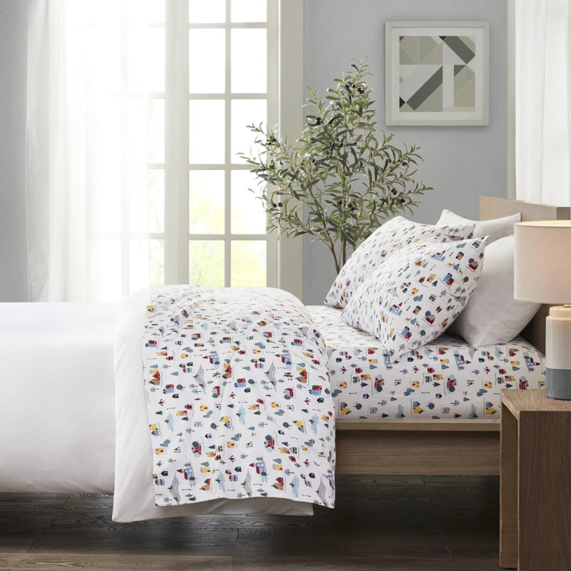 Très grand drap 4 pièces en flanelle 100% coton, imprimé village blanc, ultra doux et lavable à la machine, avec draps-housses plats