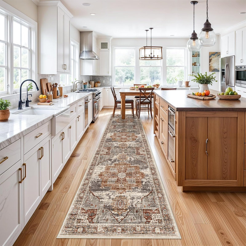 Washable Rugs - Large Boho Rugs for Living Room Stain Resistant Carpet Vintage Tribal Rugs for Bedroom Kitchen Bathroom Non Slip Backing Home Decor Floor Decoration Mat Brick