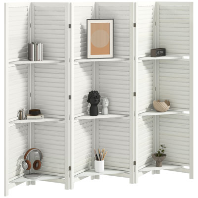 Paravent, écran d'intimité en bois à 6 panneaux de 67 po de hauteur avec 3 tablettes de présentation et rangement pliant pour la chambre à coucher ou le bureau personnel, blanc