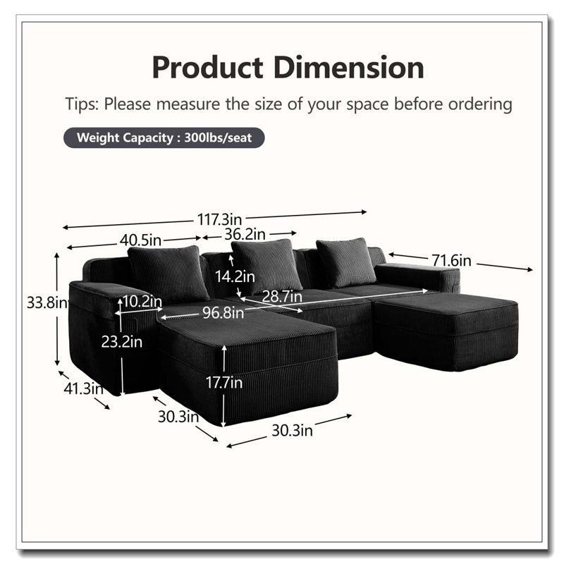 Canapé modulaire à 3 places en forme de U sans os, canapé modulaire Cloud avec assise profonde, canapé modulaire moderne à 3 places avec coussins décoratifs et 2 repose-pieds mobiles