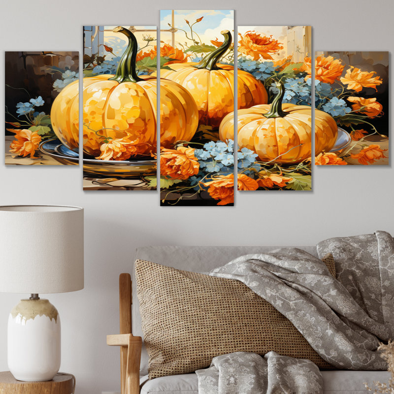 Fruit Pumpkin Persimmon I - Farmhouse Wall Art Living Room - 5 Panels