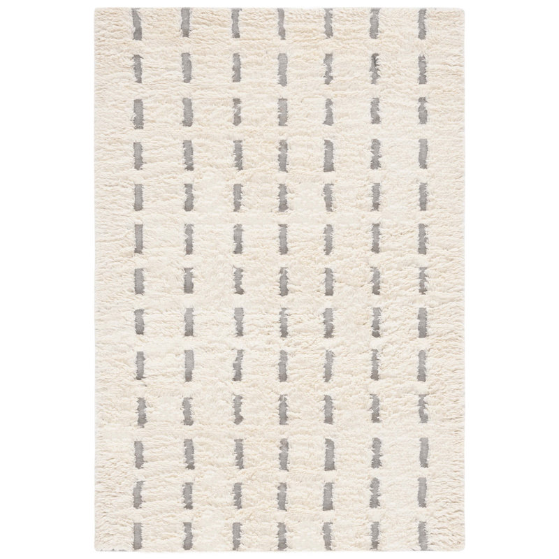 Gell Hand Woven Wool/Cotton Striped Rug in Grey/Ivory, Rectangle 5' x 8'