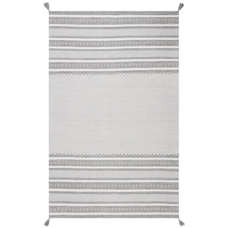 Cumberland Striped Hand-Woven Flatweave Cotton Gray/Ivory Area Rug, Rectangle 9' x 12'