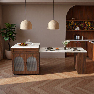 Îlot de cuisine de 80 pouces avec table de salle à manger, comptoir en bois massif avec prise de courant, chariot de rangement mobile avec armoire et 2 tiroirs, table de préparation de cuisine
