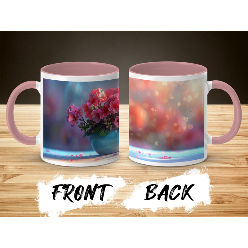 Set of 2 3D Design 11oz Accent Mugs – Ceramic Coffee Cups with a Pink Handle and Interior