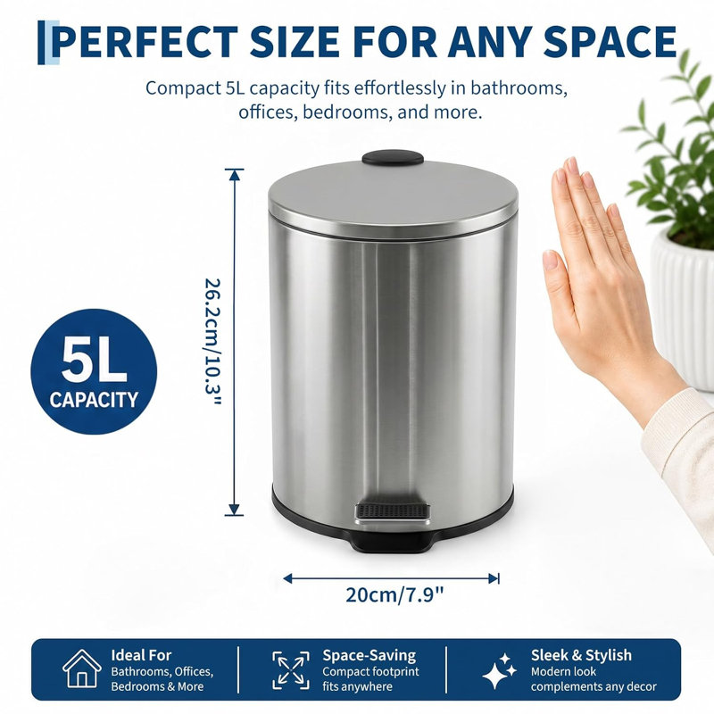 5L/1.3 gal Round Trash Can, Bathroom Wastebasket with Soft-Close Lid | Step Foot Pedal, Removable Inner Bucket, Brushed Stainless Steel, for Office, Bedroom, Toilet, Live Room, Silver