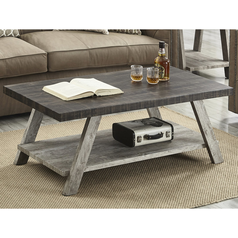 Table basse rectangulaire patinée en noyer et gris patiné - Style moderne avec pieds