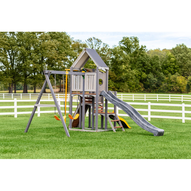 Ensemble de jeu en cèdre Jack & June Haven, terrain de jeu en bois multi-activités avec balançoires, glissoires et accessoires, équipement de cour sécuritaire et robuste