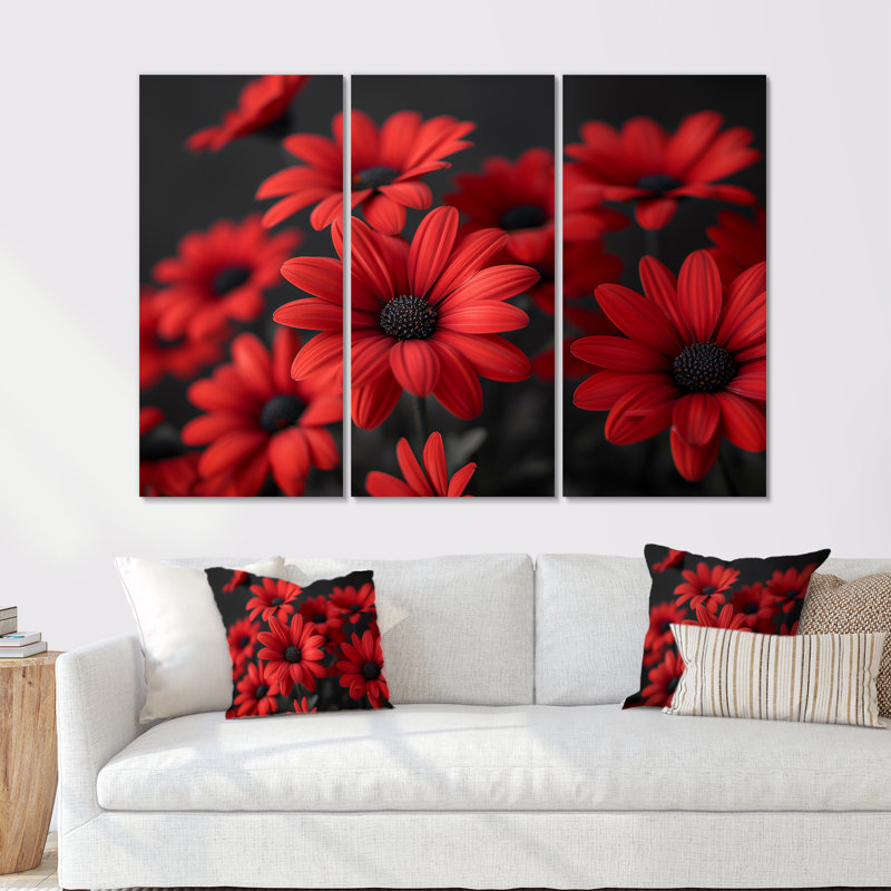 Ensemble de salon mural marguerites monochromes rouges et noires Photo II, Toile tendue, H 28 po x l 36 po x P 1 po