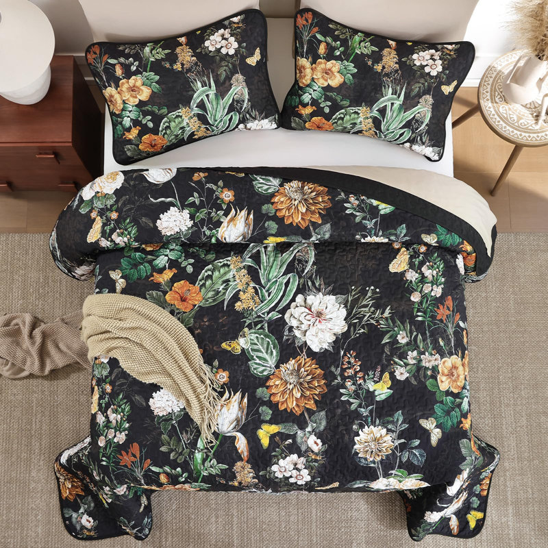 Ensemble de courtepointe 3 pièces à motif floral en microfibre pour chambre à coucher pour utilisation toute saison, Noir