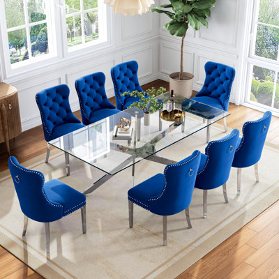 78.7" Rectangle Glass Dining Table Set With Polished Stainless Steel X-Base And Velvet Upholstered Nailhead Trim Dining Chairs(Set Of 9)