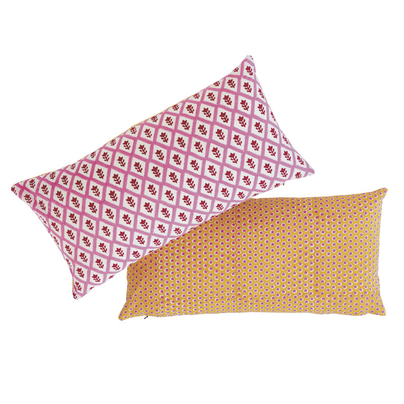 Bagru & Buti Pillow, 12" x 24", Pink/Yellow