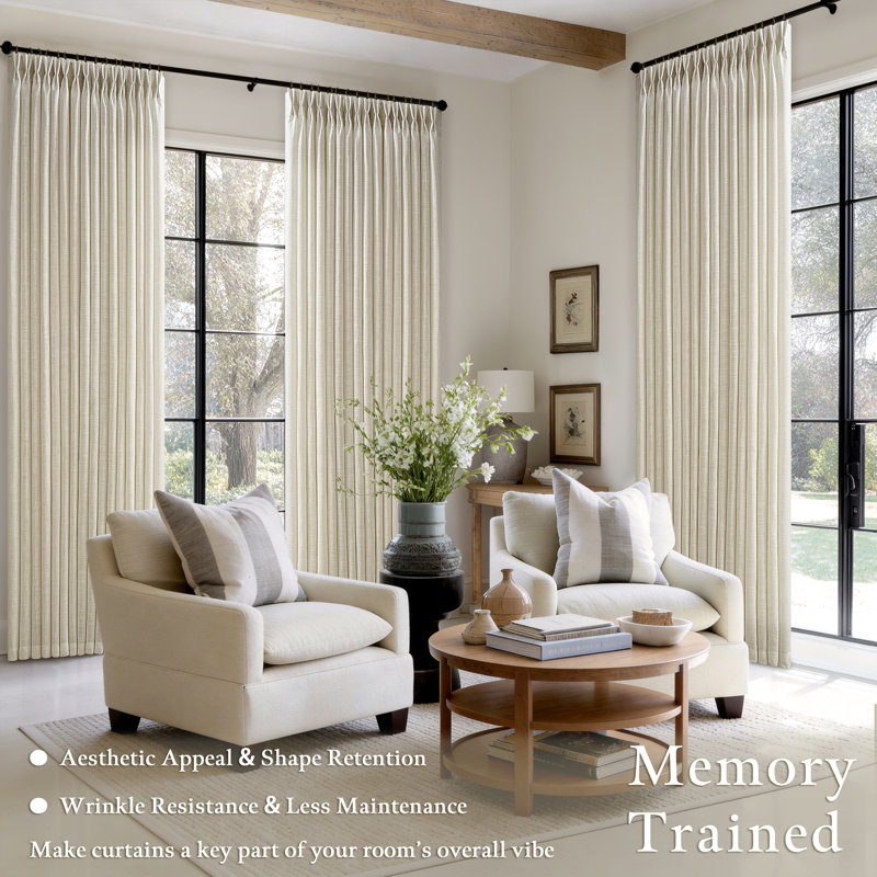 Thick Linen Fabric Memory Trained Pinch Pleated Solid Farmhouse And Modern Rustic Curtain 2 Panels , 50" W x 108" L, Linen