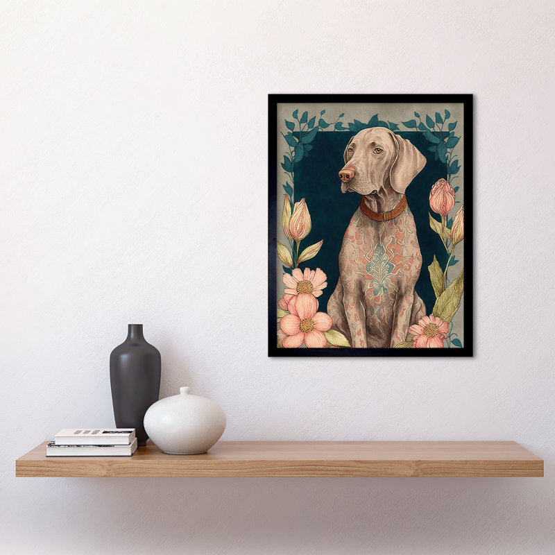 Grey Weimaraner Dog With Ornate Pattern Fur Coat And Flowers Modern Nouveau - Single Picture Frame Print