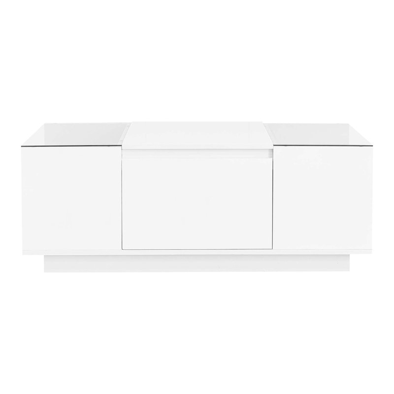 Table basse à DEL, table centrale moderne avec plateau en verre ultrabrillant, table basse avec compartiment de rangement ouvert et 2 tiroirs cachés pour le salon