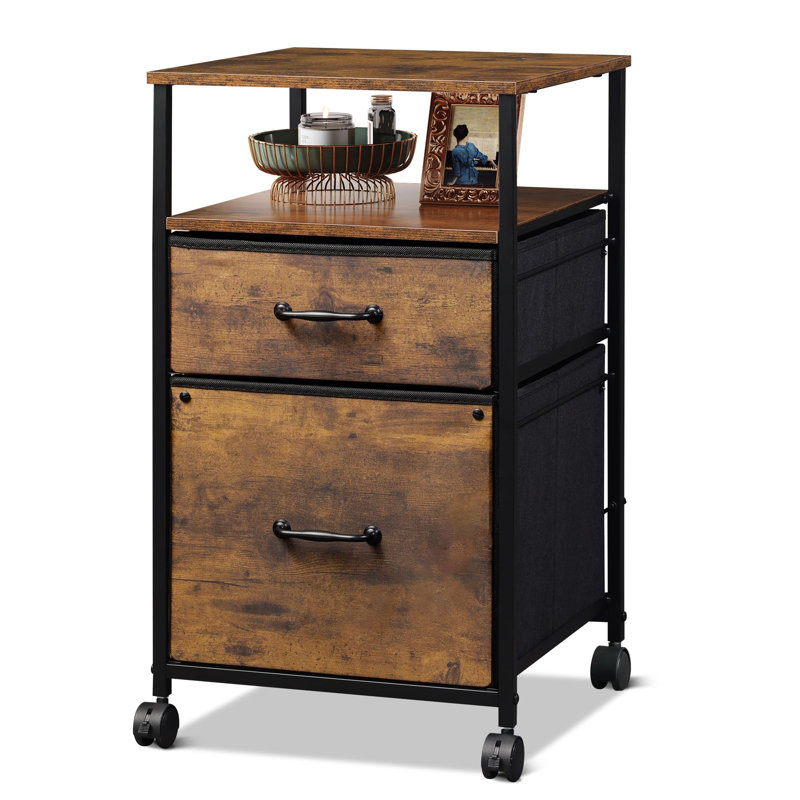 Rustic Brown Wood Grain Mobile File Cabinet with Open Shelf