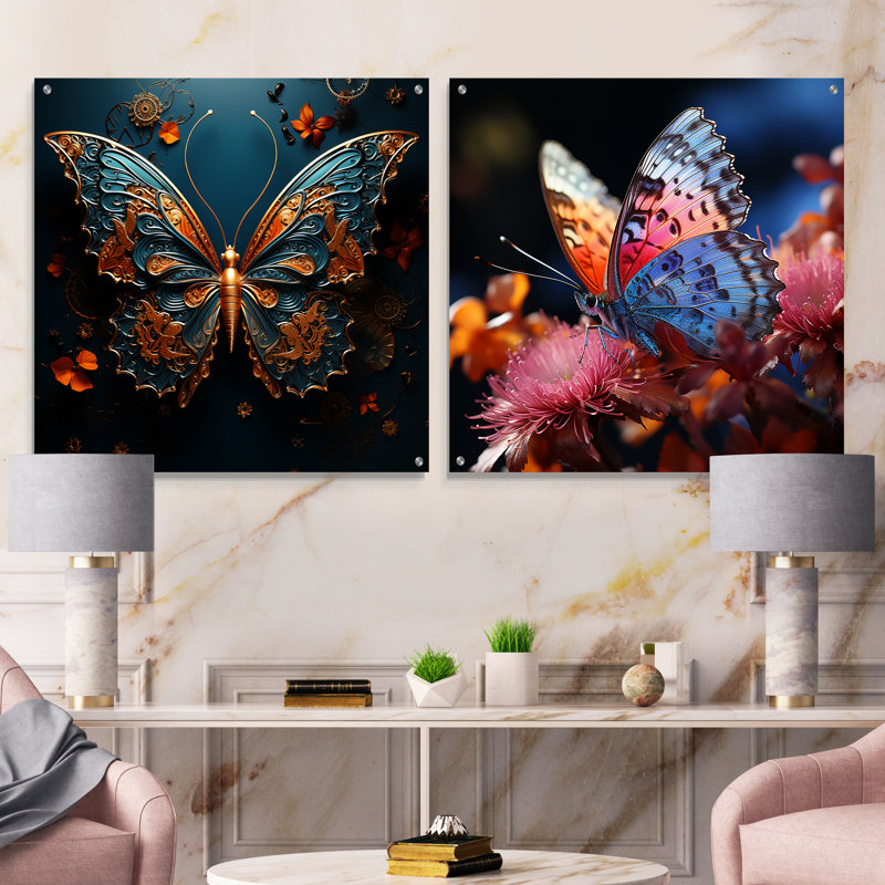 Enchanted Hues Transport Butterflies - ensemble de 2 peintures murales en acrylique, H 16 po x l 33 po