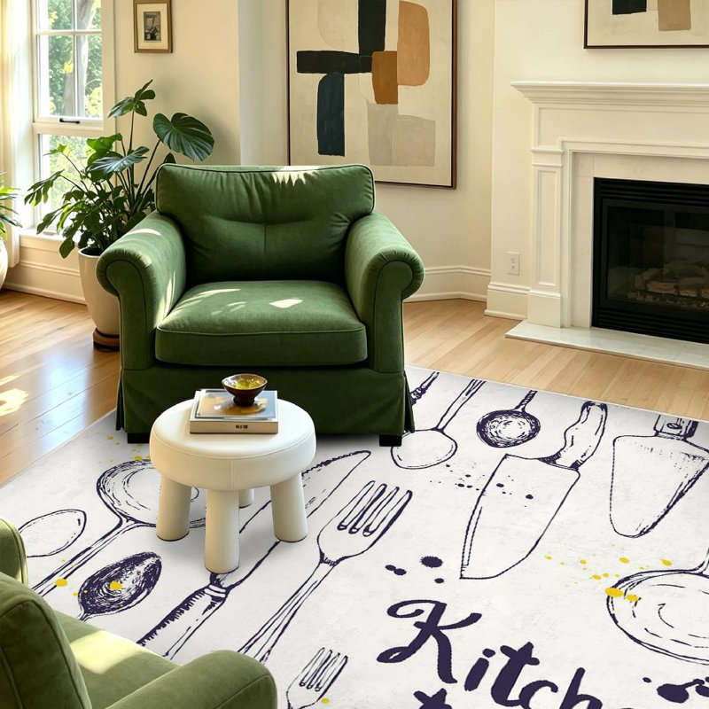 Tapis noir de cuisine noir lavable à la machine avec menu ustensiles de cuisine, Rectangle 55 po x 79 po