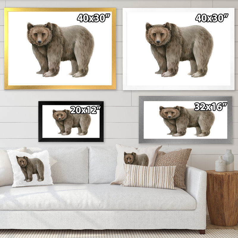 Ours brun sur blanc - reproduction sur toile, H 30 po x l 40 po, Toile blanche avec cadre d'angle fermé