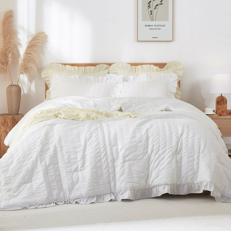 Ensemble de couette Suncomfy Ruffle Seersucker pour lit queen, style shabby chic, blanc, 3 pièces, ambiance romantique champêtre, ultra doux et léger, couette moelleuse toutes saisons