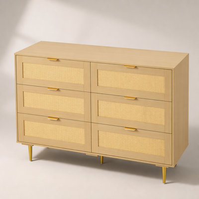 Commode 6 tiroirs en rotin, commode double pour chambre à coucher, commode en rotin naturel avec poignées et pieds en métal, rangement en bois moderne