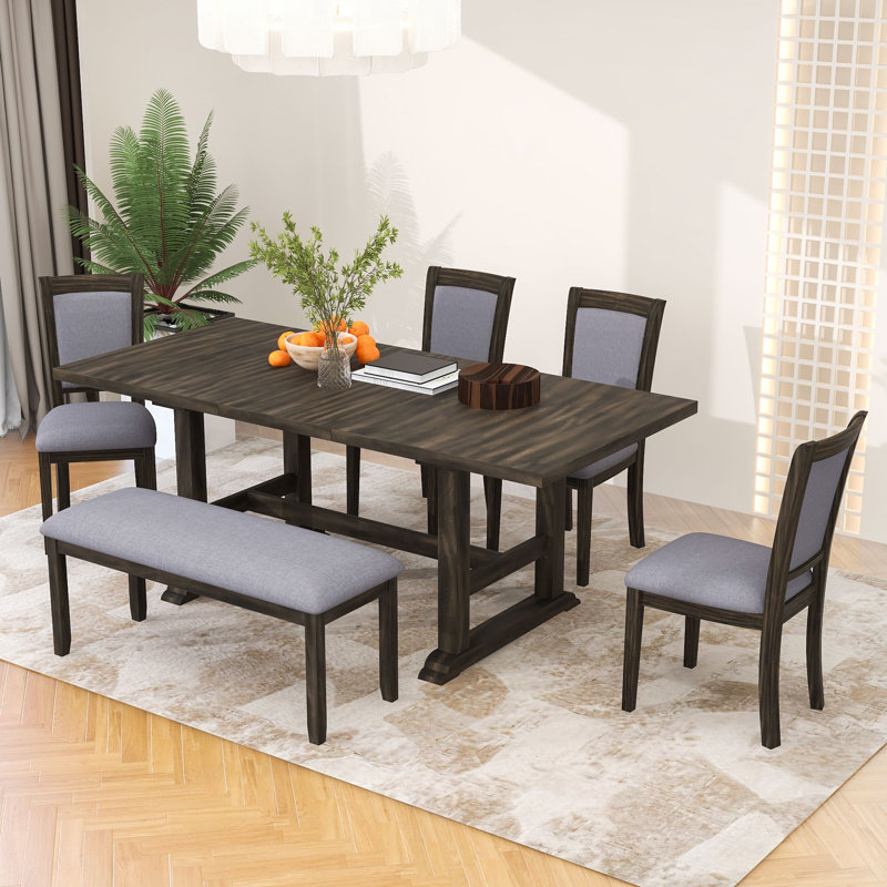 Ensemble de table de salle à manger 6 pièces avec rallonge amovible, chaises rembourrées et banc, Gris/noir, Gris